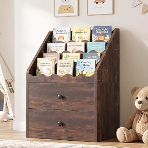 NACHES Rustic 4 Tier Scalloped Kids Bookshelf with 2 Storage Drawers, Front Facing Montessori Book Rack Toy Organizer for Toddler Nursery Playroom Bedroom