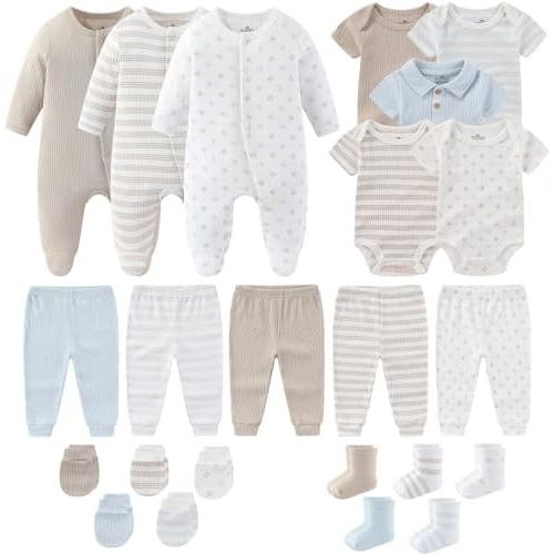 Newborn Baby Boy Girl Clothes Cotton Ribbed Mix Unisex Infant Bodysuit Pant Outfits 23 Pcs Layette Gift Set