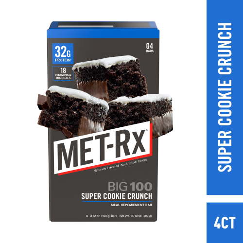 MET-Rx Big 100 High Protein Meal Replacement Bars, Super Cookie Crunch, 32g Protein, 3.52 oz, 4 Count
