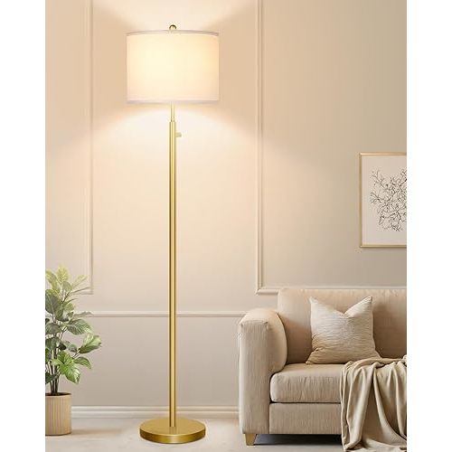 Nintiue 【Upgraded】 Dimmable Floor Lamp for Living Room, 11W LED Bulb Included, Modern Standing Lamp, Tall Pole Light with Linen Shade for Bedroom Reading Office Corner Nursery-Gold