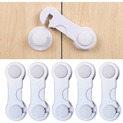 Baby Proof Cabinet Locks – 5 Pack Child Safety Latches for Cabinets, Drawers, Fridge, Pantry & Closet | No Drill Adhesive Cabinet Door Locks | Easy for Adults, Hard for Kids (White)