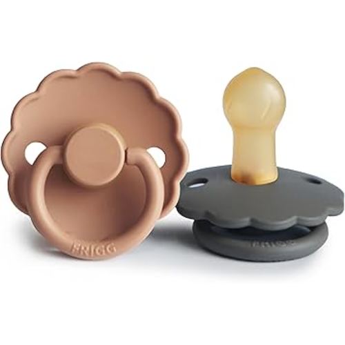 FRIGG Daisy Natural Rubber Baby Pacifier | Made in Denmark | BPA-Free (Graphite/Peach Bronze, 0-6 Months) 2-Pack