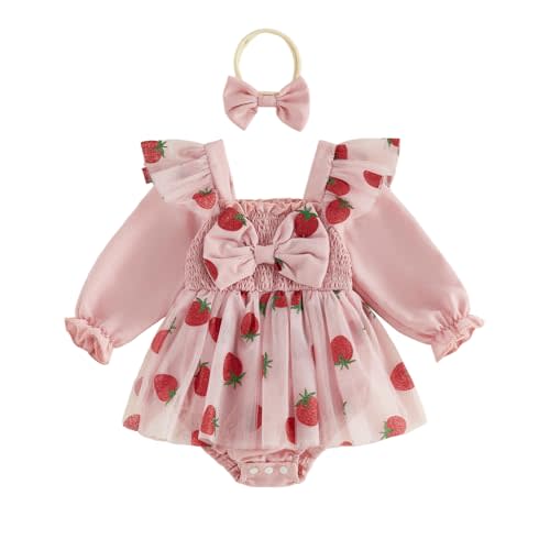 PUHHAPIEY Baby Girl Clothes Newborn Dress Strawberry Outfit Smocked Romper | Strawberry Shortcake, Newborn Photoshoot Outfit, Cake Smash Dresses, Half/First Birthday, Ruffle Bow Design, Fall Outfit