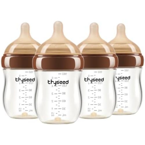Thyseed Anti-Colic Glass Baby Bottle for Breastfed Infants, Natural Feeding, Breast-Like Newborn Extra Slow Flow Nipple (0m+), 5 oz, 4 Pack