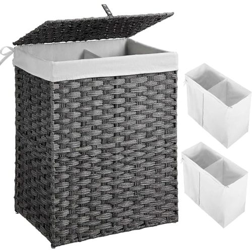 Greenstell Laundry Hamper with 2 Removable Liner Bags - 90L Divided Clothes Hamper, Handwoven Synthetic Rattan Foldable Laundry Basket with Lid and Handles Gray (18.3x13.3x24.0Inches)