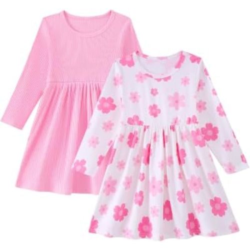 Girls Long Sleeve Dress: 2-Pack Soft Ribbed Ruffles Unicorn Print Toddler Girl Dresses for Casual Birthday Party 2-7Y
