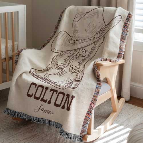 Personalized Cowboy Woven Baby Blanket, Western Cowboy Boys Blanket, Heirloom Blanket, Newborn Name Blanket, Baby Name Woven Throw Blanket