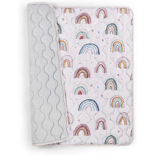 Play Mat for Floor, 127x127 cm Playpen Padded Mat, Soft Infant Tummy Time Crawling Mat,Anti Slip, Pink Rainbow