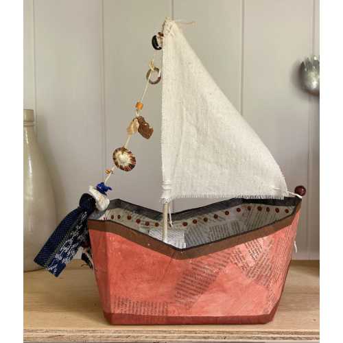Made to Order Paper Boat- El Paredon, beautiful hand painted red paper mâché sail boat made with recycled and reclaimed materials