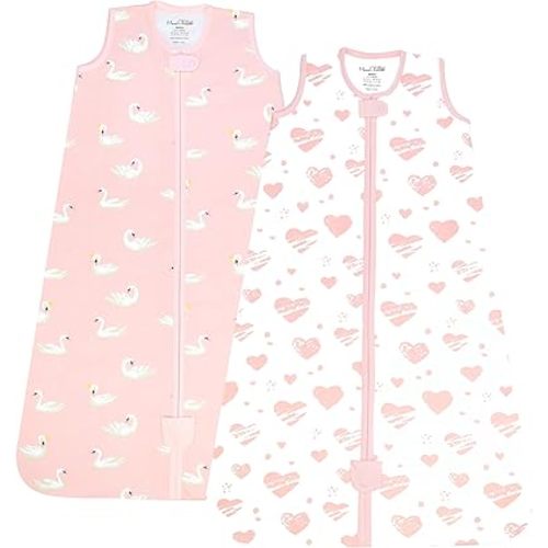 Baby Wearable Blanket 0.5 TOG, Organic Cotton Sleeping Sack, Baby Sleep Bag with 2-Way Zipper, Lightweight and Breathable Sleeping Bag, Swans/Hearts, Large (12-18 Months)