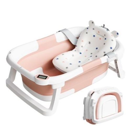 TUMAJUP Collapsible Baby Bathtub for Infants and Toddlers with Bath Net and Thermometer-Pink
