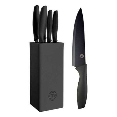 MasterChef 7pc Block Kitchen Knife Set with Nonstick Coated and Holder Essential Black Collection: Stainless Steel Blades, Rubber Handles
