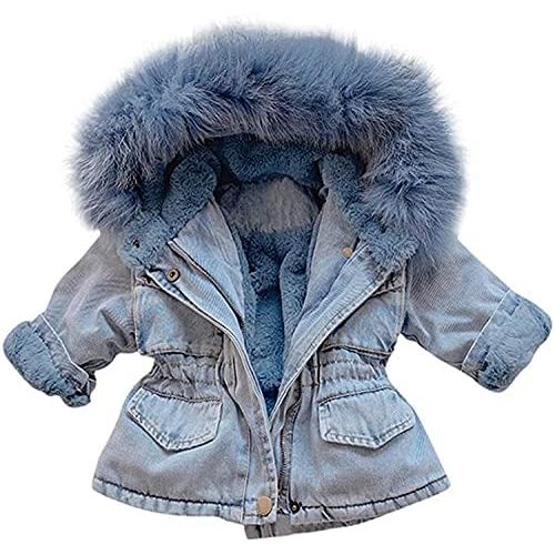 EISHOW Toddler Baby Girls Denim Jacket Faux Fur Collar Hooded Jean Coat Warm Thicken Fleece Lined Plush Jean Outwear Snowsuit