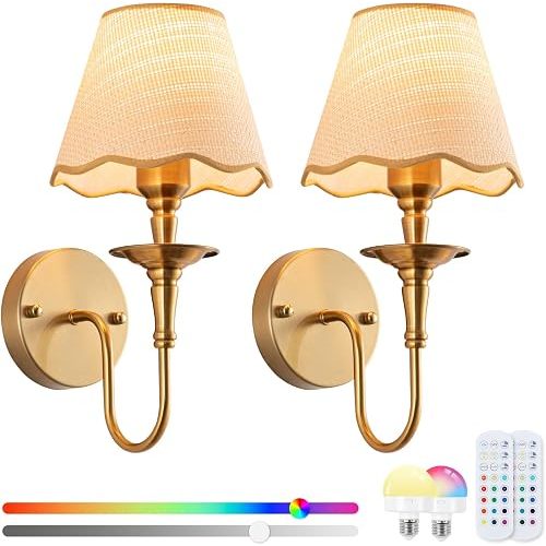 EIDISUNY Battery Operated Wall Sconces Set of 2, Rattan Shade Wireless Wall Sconces, RGB Rechargeable Dimmable, Brass-Color Vintage Wall Sconce for Bedroom, Living Room, Hallway Bulbs Included