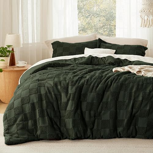 Bedsure Boho King Size Comforters Set, Soft Plaid Bedding Set 3 Pcs Green