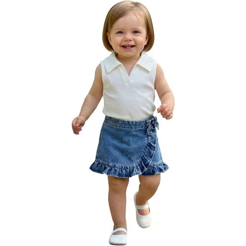Hnyenmcko Toddler Baby Girl Summer Outfit Sleeveless Lapel Collar Ribbed Tank Tops Ruffle Jean Skirt Cute 2 Piece Clothes Set