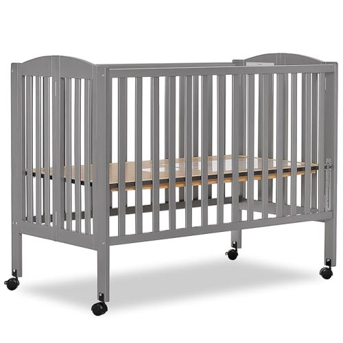 Dream On Me Full-Size 2-in-1 Folding Baby Crib in Steel Grey, GreenGuard Gold & JPMA, Portable, Patented Quick Folding System, Strong Wheels, 2 Adjustable Mattress Heights