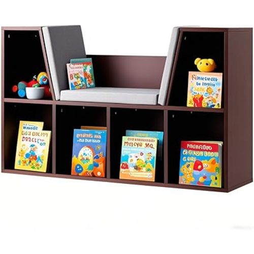 IFANNY Toy Storage Organizer, Kids Bookshelf with Reading Nook, 6 Cubby Bookcase with Soft Seat Cushion, Toy Storage Bench, Book Shelf for Kids Rooms, Nursery, Living Room, Entryway (Brown)
