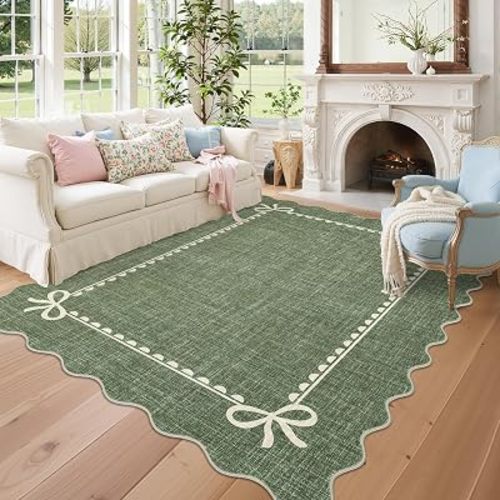 GarveeHome Scalloped Bow Rug 5x7 Washable Green Rug for Bedroom Living Room