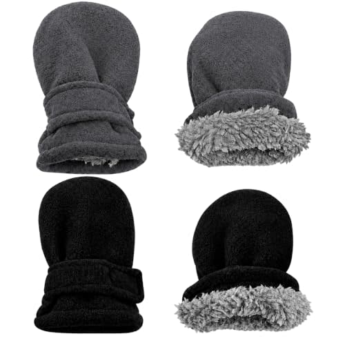 N'Ice Caps Baby Toddler Mittens Kids 2 Pair Pack Fleece Warm Sherpa Lined | Infant Winter Gloves, Double-Layered for Warmth in Cold Weather and Snow, Easy-On Wide Opening and Adjustable Wrist Strap