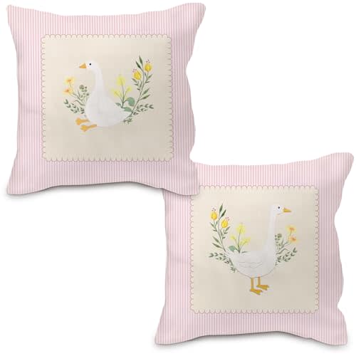 Nvotell Goose Pillow Covers 18x18, Baby Girl Nursery Decor, Vintage Pink Striped Goose Decorative Throw Pillow Covers Pillowcase for Baby Girl Nursery Room Bedroom Decor, Set of 2