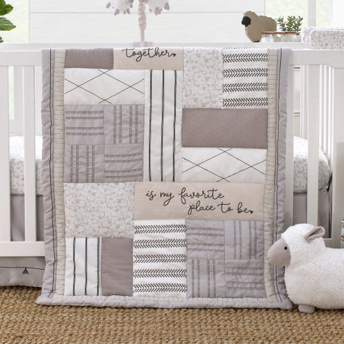 Gracie Oaks NoJo Together is Better White, Gray, and Taupe Stripes and Dots 4 Piece Nursery Crib Bedding Set & Reviews | Wayfair