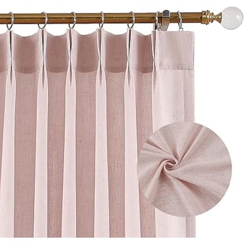 Hillcrest 108 Inches Soft Pink Pinch Pleated Semi Sheer Curtains Linen Blend Light Filtering Window Curtain for Living Room Bedroom Pinch Pleat Back Tab Drapes with Hooks 2 Panels 40" W x 108" L