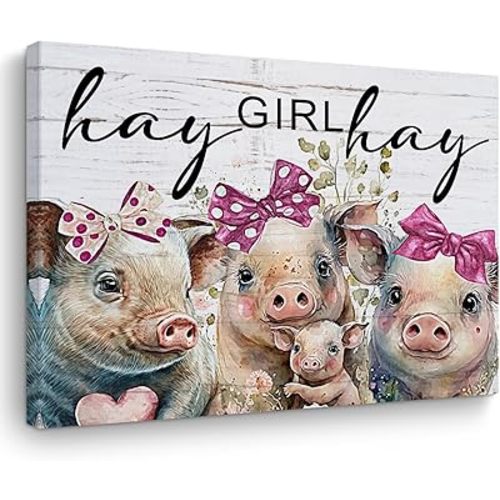 TBT Vintage Pig Gifts Farm Animals Flowers Canvas Wall Art Framed Posters Art Prints for Farmhouse Home Bedroom Girls Room Living Room Decor Country Artwork Pictures Hay Girl