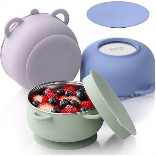Bakpoco Stainless Steel Toddler Bowls with Suction, Leak-Proof Lids & Removable Silicone Suction Base, Baby Food Containers, 13.5oz Kids Bowls Set for BLW, Snacks, Daycare, 3 Pack Pastel Mist
