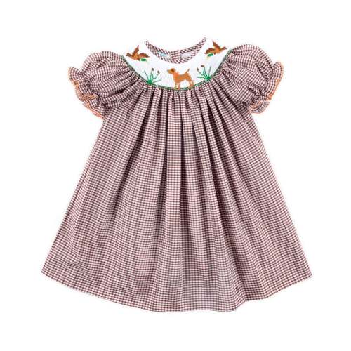 Mallard & Dog Smocked Brown Gingham Bishop Dress