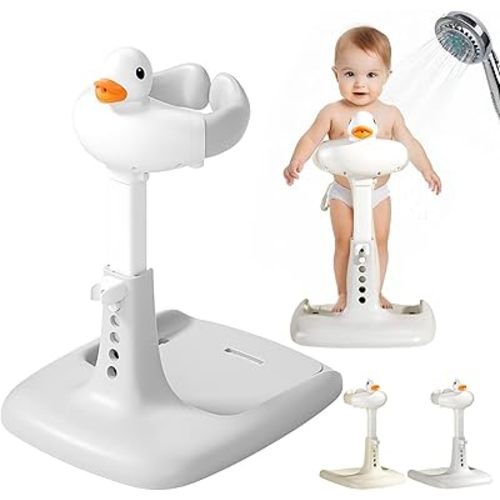 Baby Shower Rack, Adjustable Height Toddler Bathtub Stand, Foldable Infant Bath Support, Duck Design Baby Bath Seat with Anti Slip Pad, Portable Baby Shower Assistant (Grey)