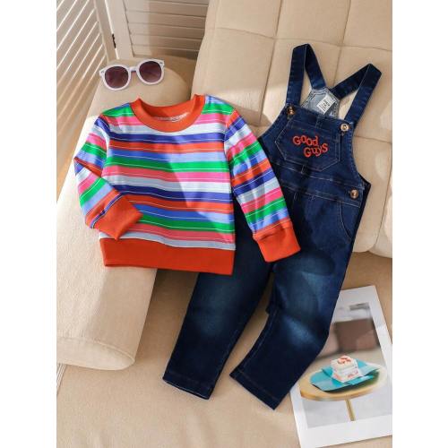SHEIN Playful Pals Baby Boy Cute Striped Crew Neck Top & Denim Bib Overalls Set, Contrast Color, Pattern, Suitable For Halloween Costume, Party, Autumn/Winter, Cartoon Character Cosplay | SHEIN USA