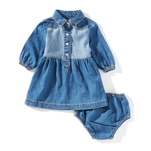 Wrangler® Baby Girls Long-Sleeve Tonal Color Block Denim Western Dress