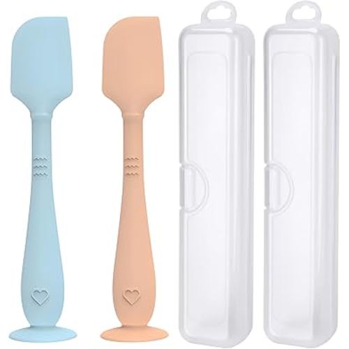 2 Pack Diaper Cream Spatula With Hygienic Travel Case, Baby Butt Paste Applicator With Suction Base, Soft Silicone Diaper Rash Cream Applicator Large Size (Blue & Brown)