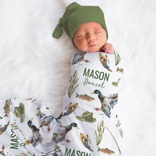 Personalized Fishing Swaddle Blanket Duck Name Baby Blanket Newborn Baby Boy Coming Home Outfit Hospital Photo Outfit Baby Shower Gift