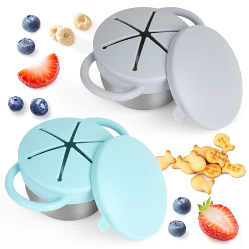 Daximo 2 Pack Snack Cups for Toddlers Spill Proof - Detachable Stainless Steel Toddler Snack Cups with Silicone Lids & Handles - Dishwasher Safe Baby Snack Containers (Light blue and Light grey)