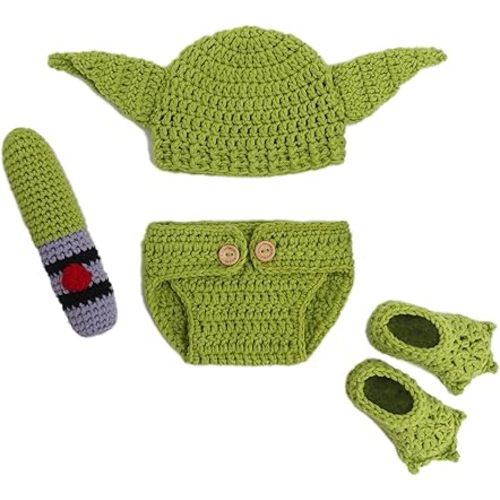 DICHA Handmade Crochet Costume- 4-Piece Set: Hat, Diaper,Booties Shoes and Accessories - Baby Photography Props for Newborns 0-3 Months - Soft Yarn Green Alien Style Baby Photo Prop