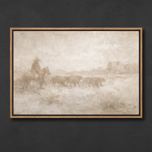 August Grove® Western Cowboy Herding Cattle in Misty Landscape Framed Print Wall Art | Wayfair