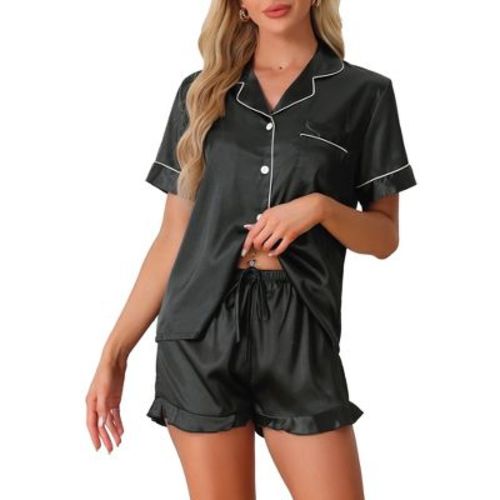 cheibear Women's Fashion Silky Satin Short Sleeve Top with Ruffle Hem Shorts Lounge Sets 2 Pcs Black Medium