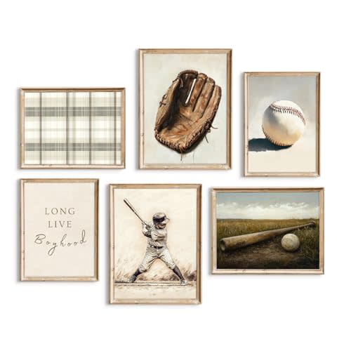 Vintage Baseball Nursery Wall Art Boys Room Canvas Poster Vintage Sports Wall Decor Baby Kids Prints Baseball Field Pictures Sage Green Painting Neutral Artwork for Bedroom 12x16x6 Inch Unframed