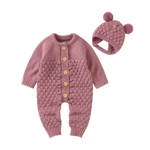 LAWKUL Baby Outfit Cotton Knit Newborn Infant Romper Knitted Longsleeve Sweater Clothes With Warm Hat Set Toddler Boy Girl