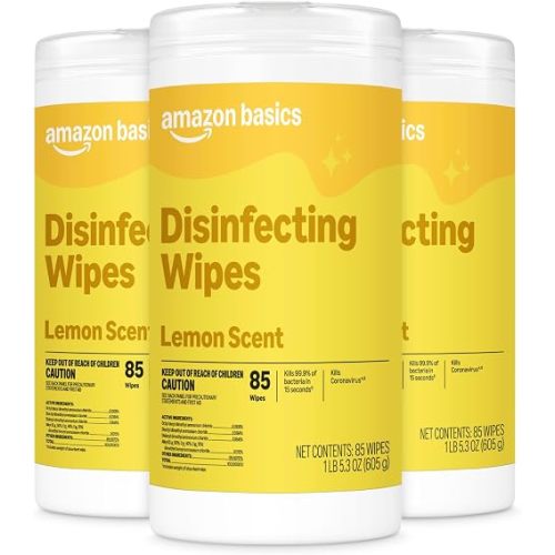 Amazon Basics Disinfecting Wipes, Lemon Scent, for Sanitizing, Cleaning & Deodorizing, 255 Count (3 Packs of 85), Packaging May Vary