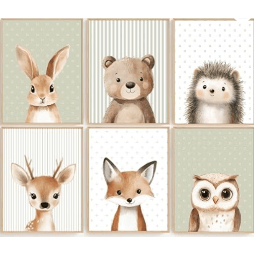 Woodland Animal Nursery Wall Art Decor Baby Kids Canvas Poster Safari Animal Wall Decor Jungle Forest Prints Bear Fox Deer Pictures Sage Green Painting Neutral Artwork for Bedroom 8x10x6 Inch Unframed