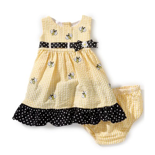 Rare Editions Baby Girls Sleeveless Gingham Schiffli Bee Embroidered Seersucker Dress