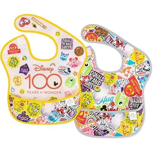 Bumkins Disney Bibs for Girl or Boy, SuperBib Baby and Toddler for 6-24 Months, Essential Must Have for Eating, Feeding, Baby Led Weaning, Mess Saving Catch Food, Fabric, 2-pk 100 Happy Faces