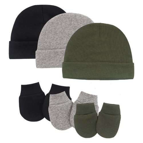 Tisoloow Baby Hats with Scratch Mittens Set Unisex Newborn Hospital Hats for Baby Boys Girls Cute Infant Beanie Caps Cotton Soft Baby Hat 0-6 Months B Black&Light Grey&Army One Size