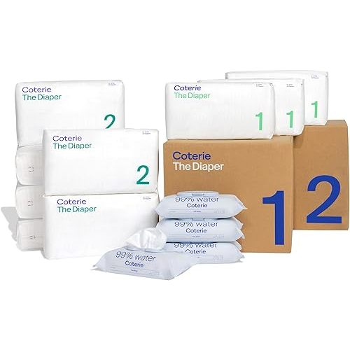 Coterie Baby Wipes + Diapers Kit, Size 1 & Size 2 Diapers