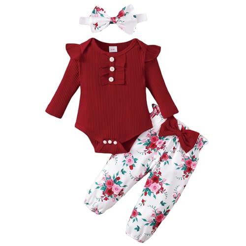 ABCRR Baby Girl Clothes Newborn Infant Long Sleeve Ruffle Romper Floral Pants Outfit Set for 0-18 Months