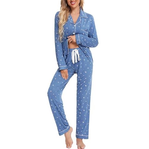 Leikar Button Up Pajama Set For Women Long Sleeve Shirt And Pajama Pants Soft Pjs Lounge Sets