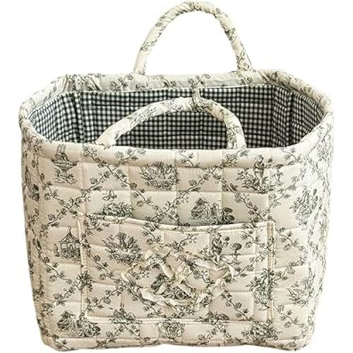 Quilted Laundry Basket Floral Storage Basket Cute Fabric Laundry Baskets Large Boho Foldable Nursery Hamper (Floral06)